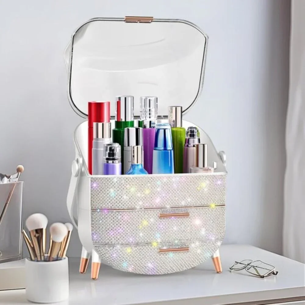 New Rhinestone Makeup Organizer, Skincare & Cosmetic Display Case for Teen Girls